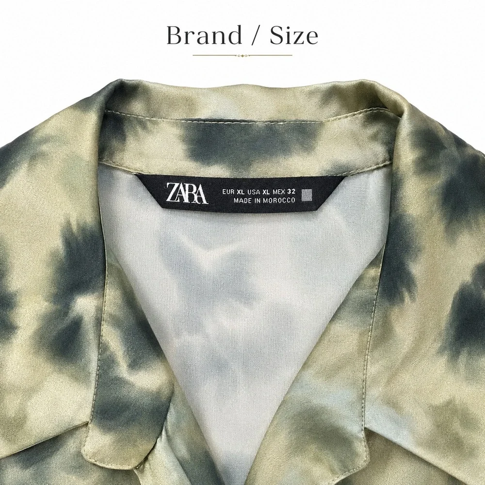 ZARA Green Floral Watercolor Satin Blouse Long Sleeve Button Up Shirt Top NNT